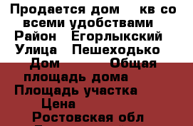 Продается дом 60 кв со всеми удобствами › Район ­ Егорлыкский › Улица ­ Пешеходько › Дом ­ 28/2 › Общая площадь дома ­ 60 › Площадь участка ­ 10 › Цена ­ 1 350 000 - Ростовская обл., Егорлыкский р-н Недвижимость » Дома, коттеджи, дачи продажа   
